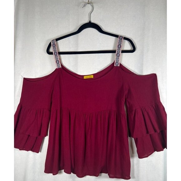 Dee Elle Womens M Top Wine Bell Sleeve Baby Doll Cold Shoulder Embroidery Strap - Picture 8 of 9
